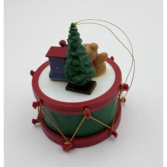 Vintage Toy Drum Christmas Tree Ornament Teddy Bear and Train Whimsical - Picture 2 of 8